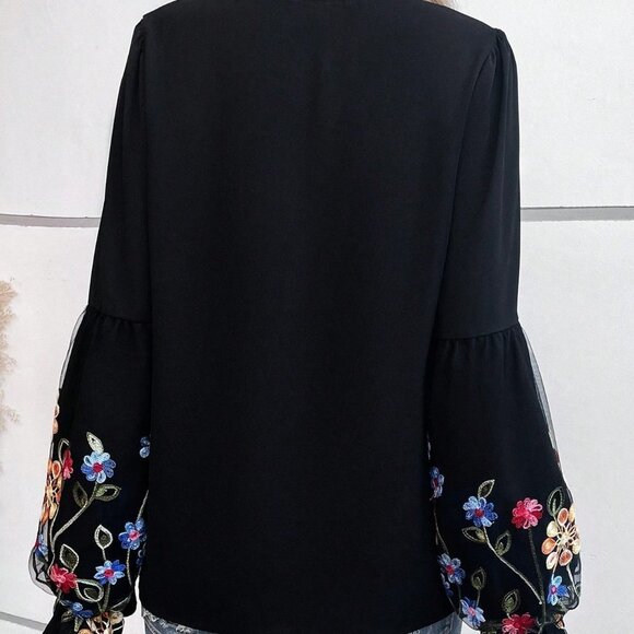 Black Preppy Womens Floral Slleeve Print Lantern Sleeve Tie Neck Blouse - Picture 2 of 6